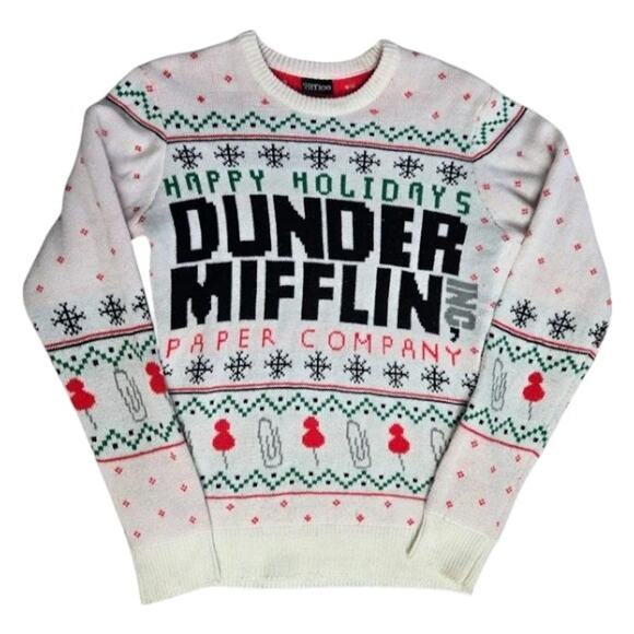The Office Dunder Mifflin Holiday Fair Isle Knit Sweater White Red Size Small - Picture 2 of 9